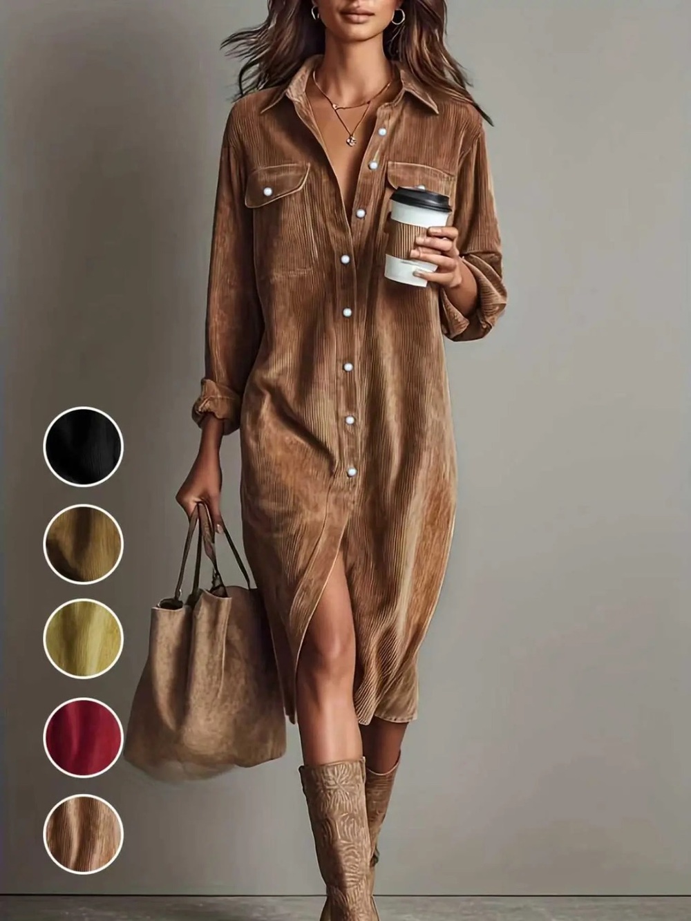 Corduroy Button-Front Midi Dress in Camel